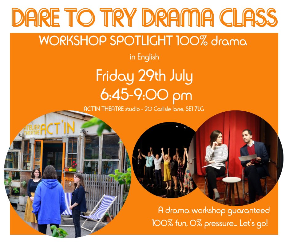 actin_theatre's tweet image. Treat yourself with a nice Friday evening on 29th July and try drama class!
A workshop of 2 hours guaranteed 100% fun, 0% pressure!
DARE and book now: bit.ly/spotlight-drama

#drama #fridayevening #purefun #nojudgement