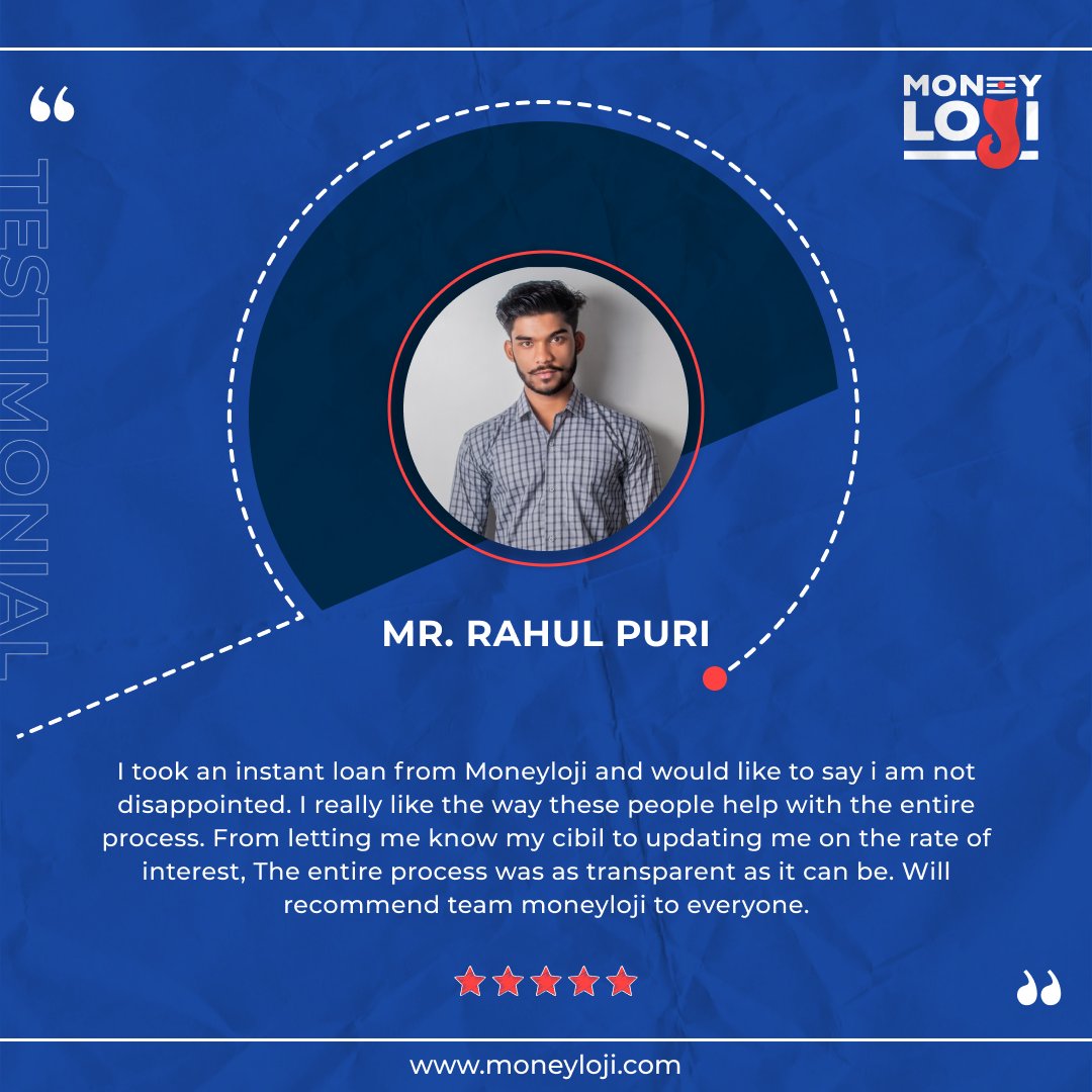 Thank you Mr. Rahul Puri Ji for your kind words. MoneyLoji's Team is proud and happy to be able to live up to the expectations of our users.

#MoneyLoji #CustomerFeedback #CustomerTestimonials #CustomerReviews #QuickCredit #InstantLoan #PersonalLoan #HappyCustomers #LoanApp