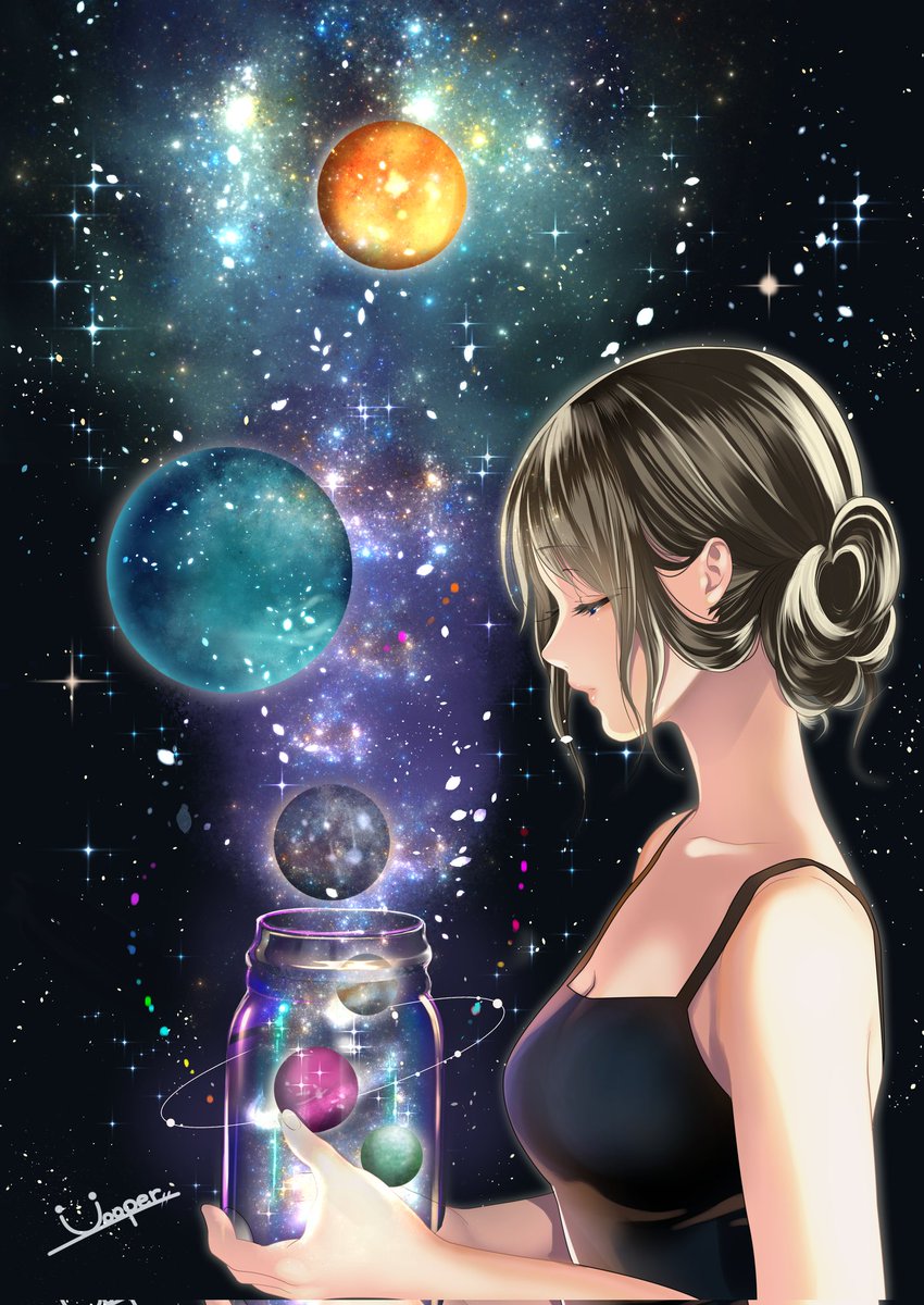 1girl Solo Breasts Space Upper Body From Side Closed Eyes Illustration