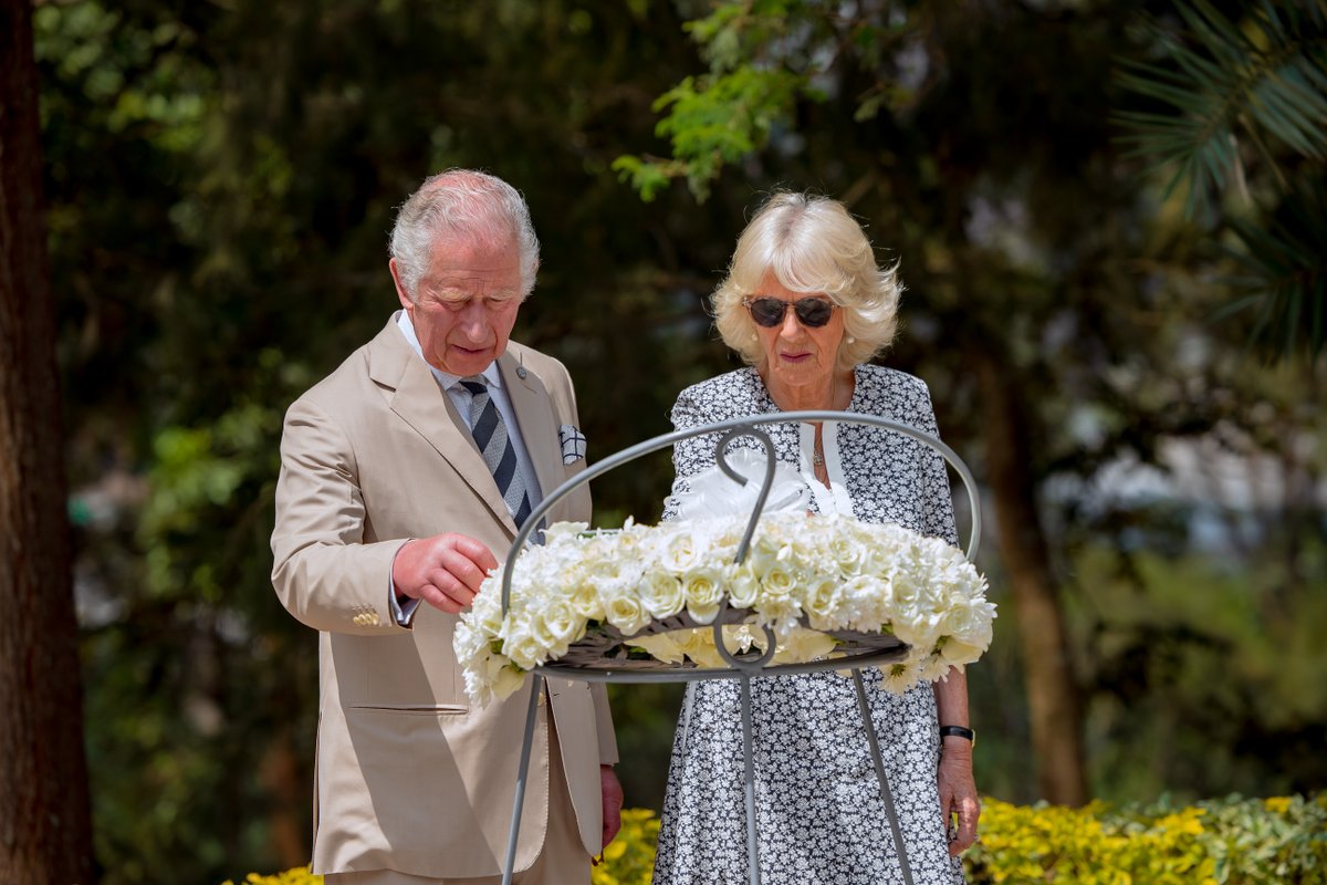 Kigali_Memorial's tweet photo. The Prince of Wales and the Duchess of Cornwall laid a wreath on the burial place at the @Kigali_Memorial in honour of the more than one million victims of the Genocide against the Tutsi in #Rwanda. https://t.co/DYrb51QGoo