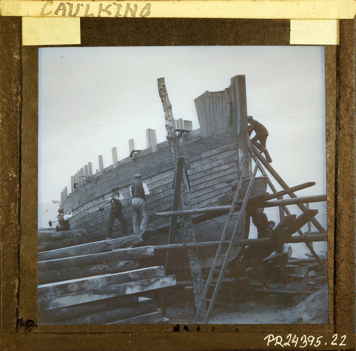 TorquayMuseum's tweet photo. Today we found some missing lantern slides including these two. The first slide shows caulking a boat and in the second slide can be seen Seafarer's new keel possibly in Brixham. #Lanternslides #DigitalArchives #brixham #digitisation #fishing #boats #fortheloveofarchives https://t.co/BBVqsPAMpV