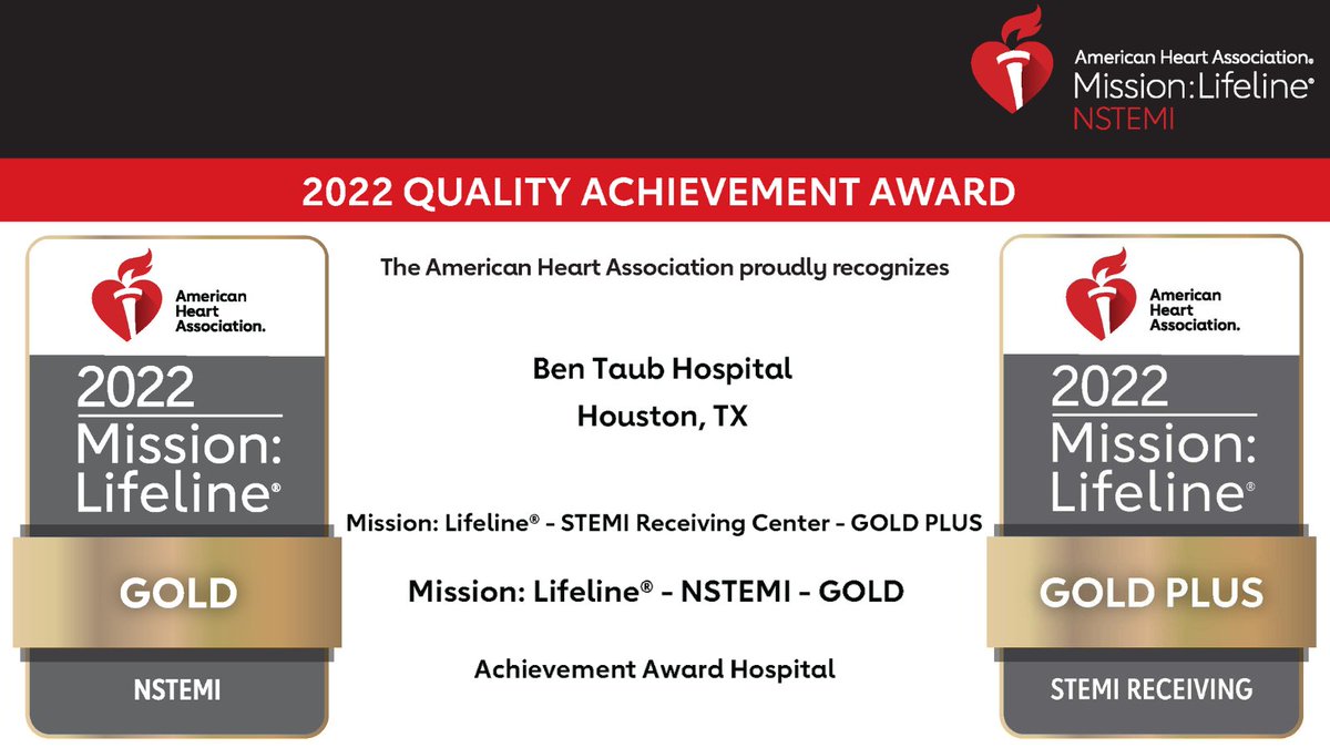The <a href="/American_Heart/">American Heart Association</a> Association has recognized Ben Taub Hospital for its continued success in using the Mission Lifeline program, applying the most up-to-date evidence-based treatment guidelines to improve patient care and outcomes in the community. <a href="/bcmhouston/">BCMHouston</a> <a href="/BCMHeart/">BCM Cardiology</a>