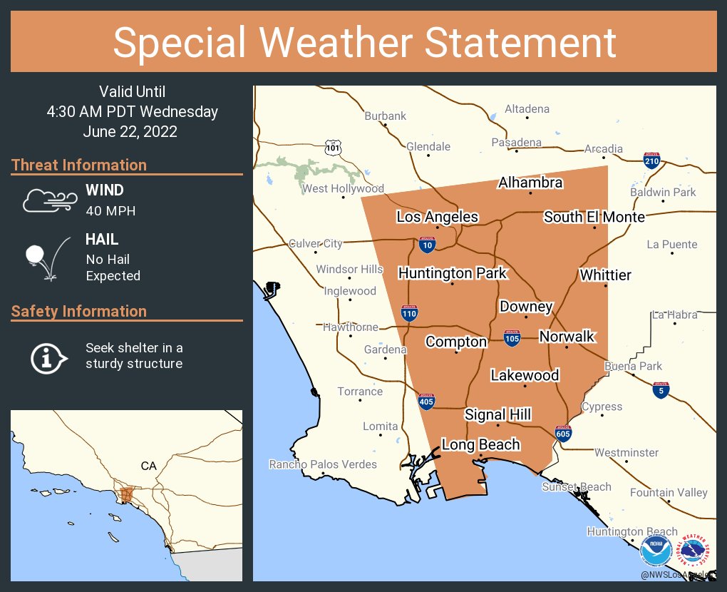 NWSLosAngeles's tweet photo. A special weather statement has been issued for Los Angeles CA, Long Beach CA and  East Los Angeles CA until 4:30 AM PDT https://t.co/JqbVwzLnrl