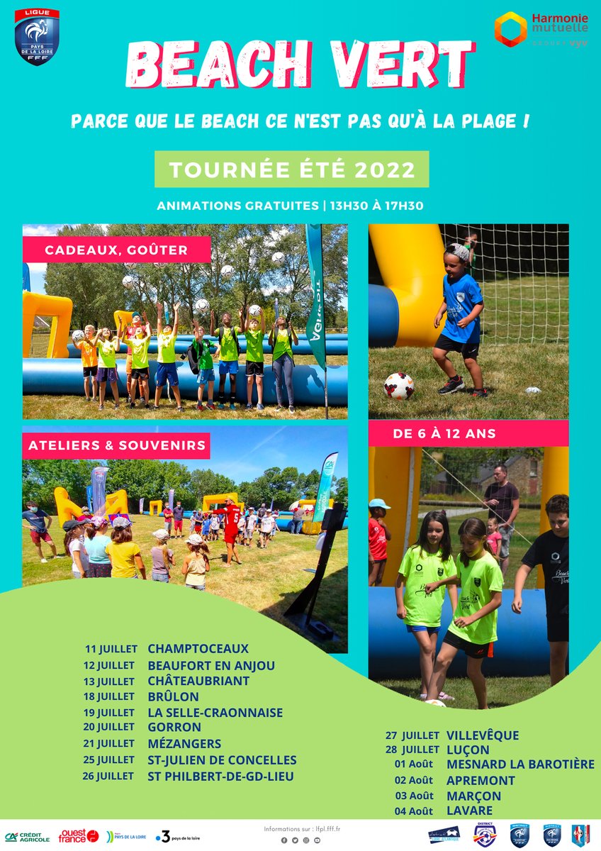 lescoevrons's tweet photo. La @LigueFootLFPL organise le #Beach Vert, une animation estivale originale : Matchs loisirs, tir-radar, Golf-Foot, Futnet (Tennis-Ballon)... Pour vous inscrire à la session au Gué de Selle à #Mézangers, le 21 juillet, rdv ici : https://t.co/fmTawh22kh
#Jeunesse #sport https://t.co/L7NuqodX5T