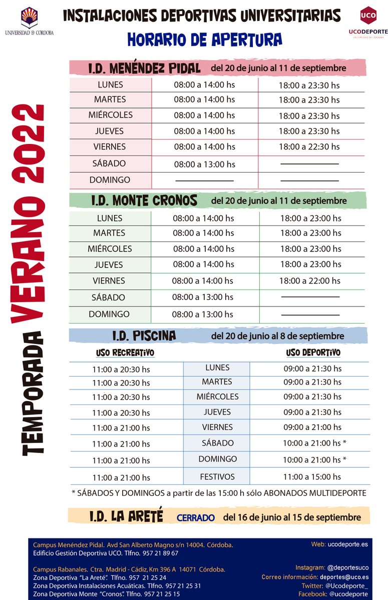 Ucodeporte (@ucodeporte_) on Twitter photo Ya en vigor, el horario de verano de las instalaciones deportivas de la <a href="/Univcordoba/">Universidad Córdoba</a>, vigente entre el 20 de junio y el 11 de septiembre. Toda la información del #VeranUCO 2022 pulsando en el banner "Verano" de nuestra web ...
▶️ ucodeporte.es Ya en vigor, el horario de verano de las instalaciones deportivas de la <a href="/Univcordoba/">Universidad Córdoba</a>, vigente entre el 20 de junio y el 11 de septiembre. Toda la información del #VeranUCO 2022 pulsando en el banner "Verano" de nuestra web ...
▶️ ucodeporte.es
