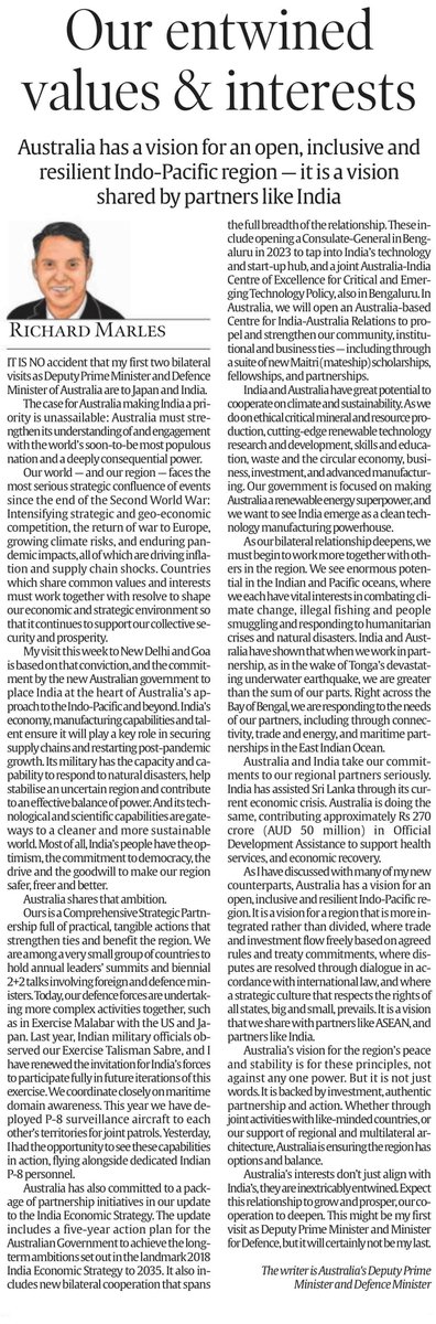 AusHCIndia's tweet photo. “Australia’s interests don’t just align with India’s, they are inextricably entwined. Expect this relationship to grow &amp; prosper, our cooperation to deepen,” writes 🇦🇺Deputy Prime Minister &amp; Minister for Defence @RichardMarlesMP in @IndianExpress 👇   
🔗https://t.co/536B7q046F https://t.co/mTLtmG3Rfi