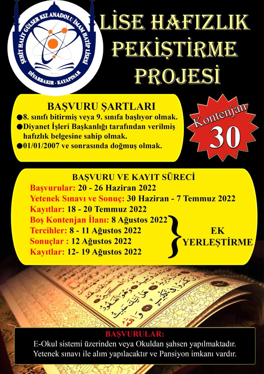 HalitGulser21's tweet photo. 1. BAŞVURUŞARTLARI:
01.01.2006 ve sonrası tarihlerde doğmuş olmakşartıyla;
a. 2021-2022 Eğitim öğretim yılında ortaokul veya imam hatip ortaokulunun 8'inci sınıfını bitirmiş
olmak,
b. Halen Anadolu imam hatip liselerinde kayıtlı olup Ortaöğretim Kurumları Yönetmeliği’nin https://t.co/9Aai14vWsm