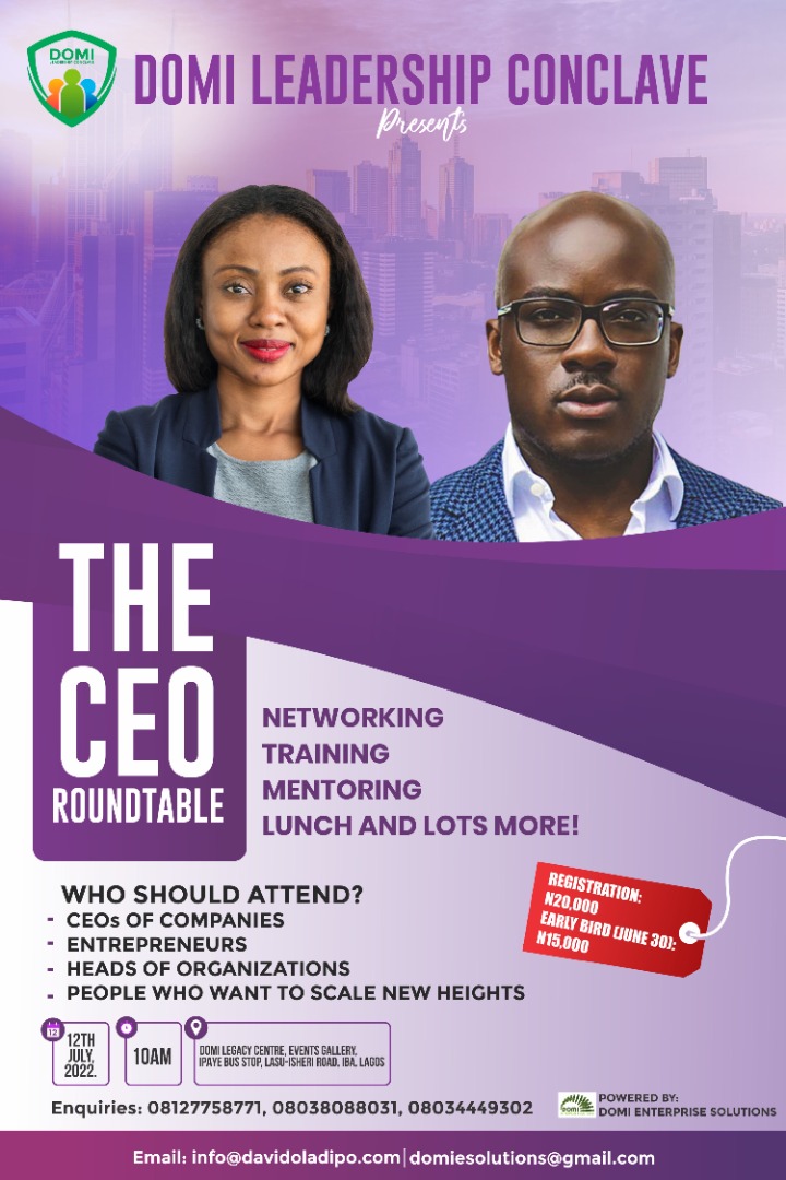domiesolutions's tweet photo. Dear Friend, 
The month of July is loaded, you don't want to be left out.

The CEO Roundtable 
This is an exclusive Training, Mentoring and Networking opportunity for CEOs and Heads of Organizations. 

Sumptous Lunch will be generously served. 

 *Date:* Monday 11th July. https://t.co/5e4UDYJ7Xh