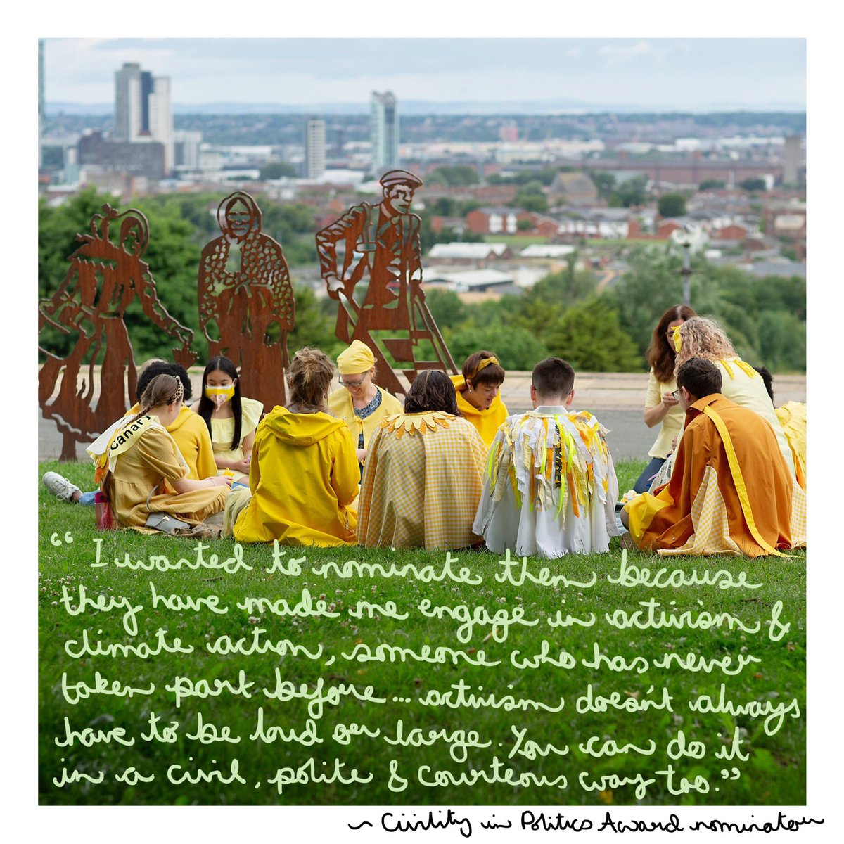 Craftivists's tweet photo. @TheShewsy We are nominated for our:
🐤#CanaryCraftivists climate campaign 💚
It included one of 100 UK ‘flocks’ gathered at Everton Park filmed with @MayorLpool for @skyarts #StatuesRedressed 📺
👀 Can you spot @doublenegativeL @NorthLivAcademy students @harrydoyle96 & @SarahPCorbett https://t.co/LFmdratPp1
