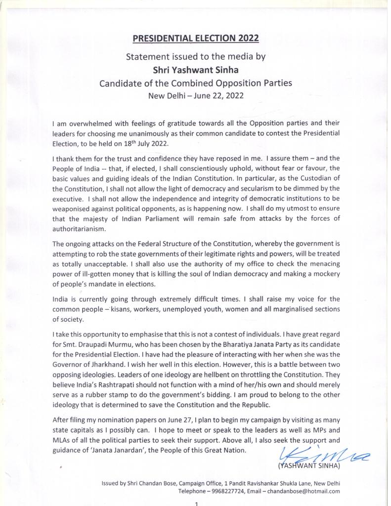 cpimspeak's tweet photo. Statement of Shri Yashwant Sinha Presidential candidate of the  combined opposition. https://t.co/GDI3kk7hbC