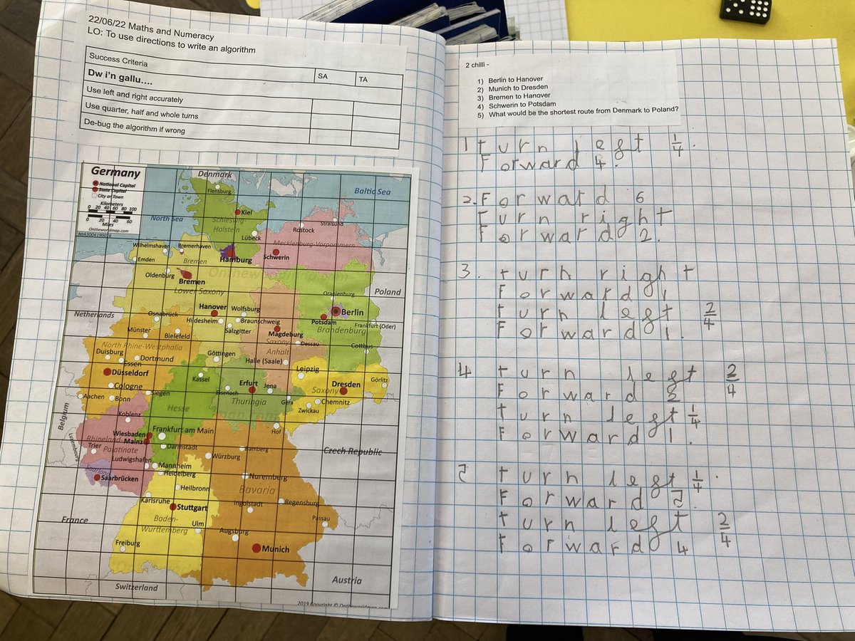 SullyPS's tweet photo. We have been writing algorithms in maths today in #SPSyear2! It was hard but we have travelled all over Germany and even managed to debug a few algorithms on the way! #SPSinyernationalweek22 #SPSdcf #SPSmathsandnumeracy https://t.co/Hz8nVXVufW