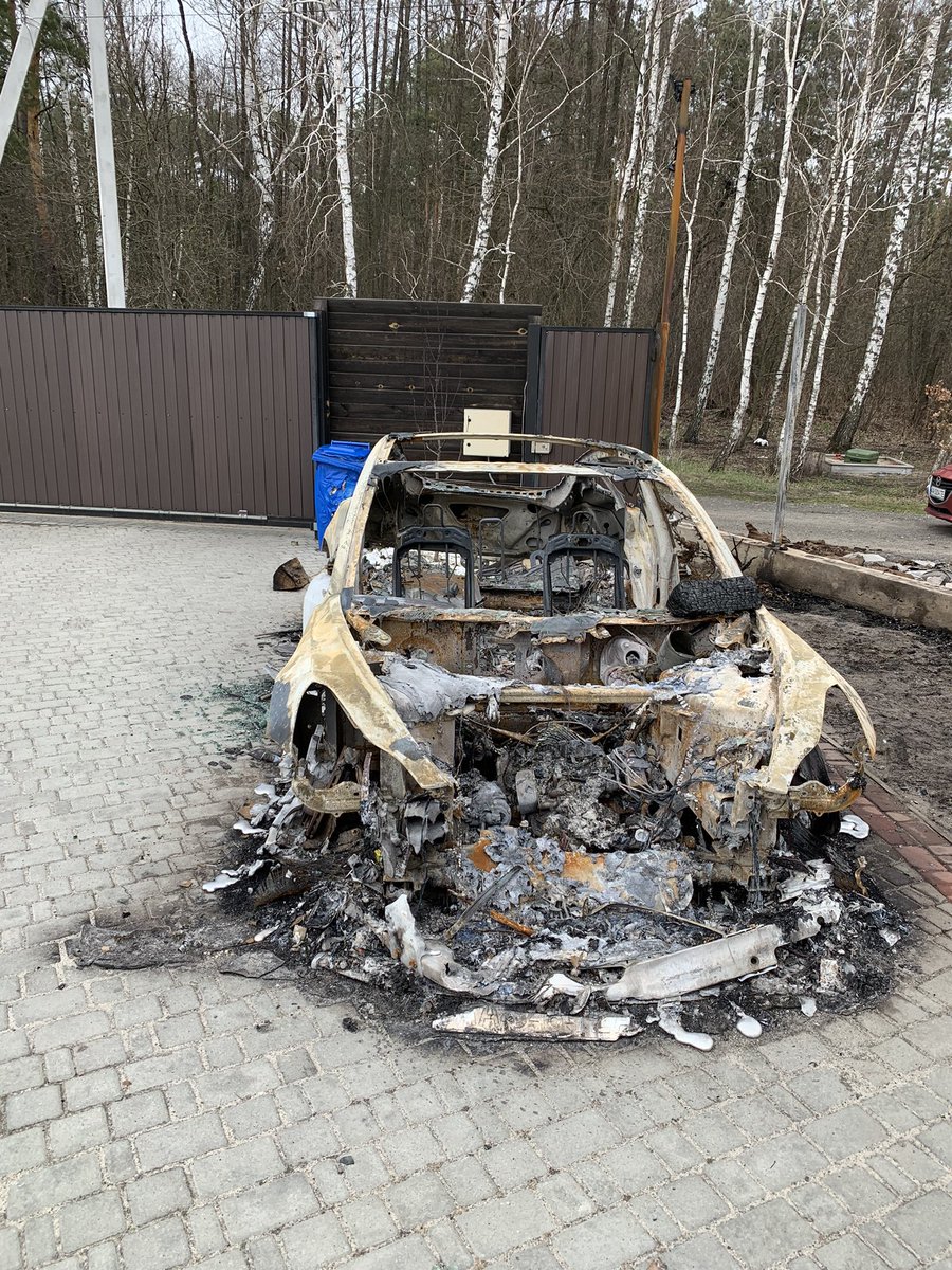 My Tesla Model 3 before Feb 24, 2022 and after russian invasion. 

Saw it when came back to my house near Bucha and Hostomel. 

Quite sad, but a few days ago I had an idea! 

What can I do with it now, with my private jewelry studio? 🤔

#tesla3