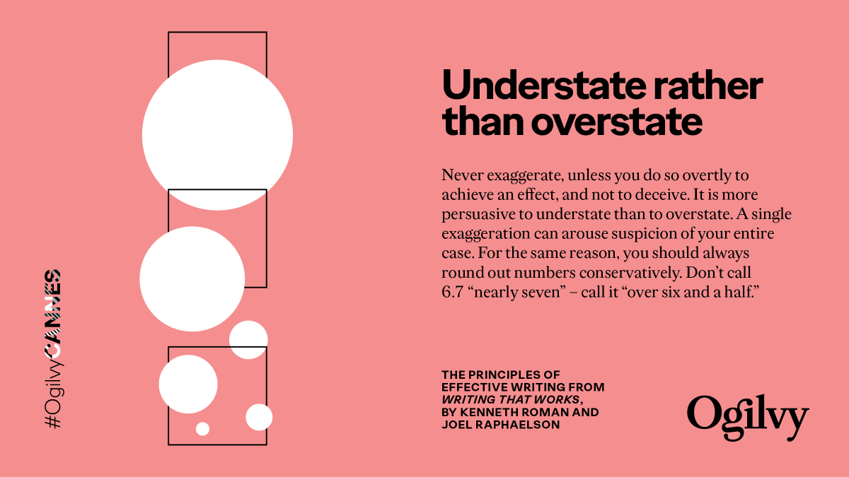 Ogilvy's tweet photo. There are a number of principles that are key to effective writing, no matter what you write.

Your #CannesLions2022 tip from #WritingThatWorks – because people who write well do well.

Check out more #AgencyVoices, here: https://t.co/Wjdfm1PitW

#OgilvyCannes https://t.co/b3dI4K7EP7