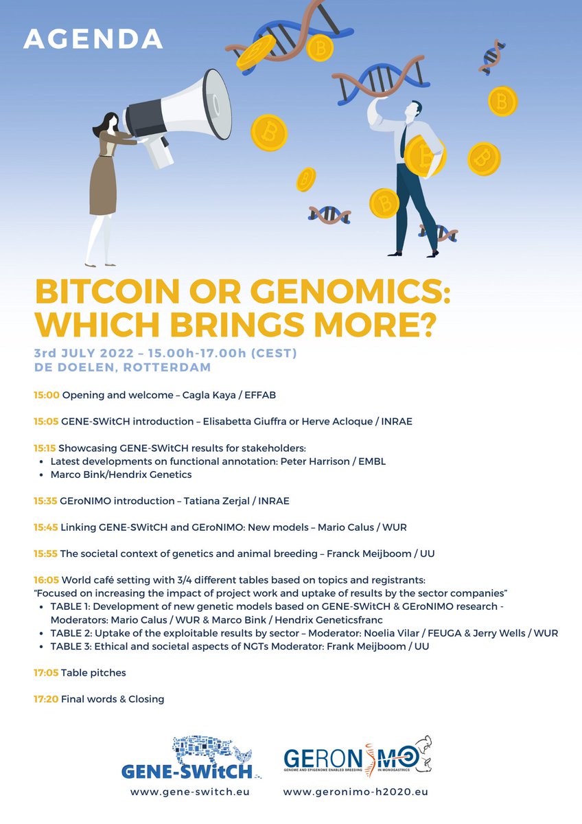 GEroNIMO (Epi)Genome enabled monogastric breeding (@geronimoh2020) on Twitter photo 😱Did you miss registering for our stakeholder event?
🪙Bitcoin or 🧬#Genomics: Which brings more? <a href="/GeneSwitch/">GENE-SWitCH</a>
🗓️Can't wait to see you on Sunday 3 July at 15h (CEST)
🇳🇱 @deDoelen, Rotterdam
✏️Free registration: cutt.ly/AJpeIqz
🐖Satellite event at <a href="/wcgalp2022/">WCGALP2022</a> 😱Did you miss registering for our stakeholder event?
🪙Bitcoin or 🧬#Genomics: Which brings more? <a href="/GeneSwitch/">GENE-SWitCH</a>
🗓️Can't wait to see you on Sunday 3 July at 15h (CEST)
🇳🇱 @deDoelen, Rotterdam
✏️Free registration: cutt.ly/AJpeIqz
🐖Satellite event at <a href="/wcgalp2022/">WCGALP2022</a>