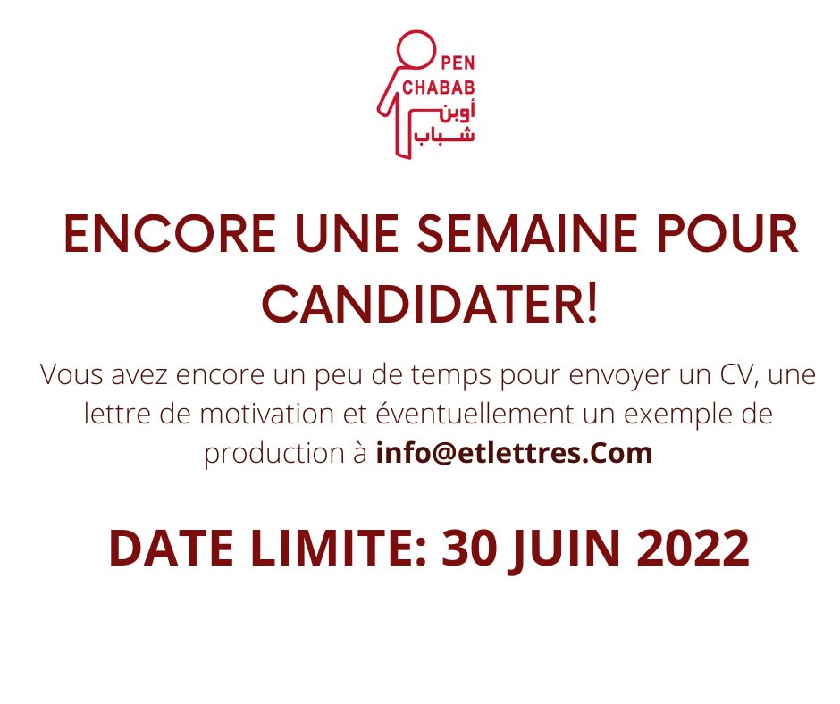 openchabab's tweet photo. 📣📣📣Ne ratez pas l'occasion de candidater!
#Openchabab #Etlettres #Formation #Jeunes #Secularisation #Maroc https://t.co/xL1501mWtC