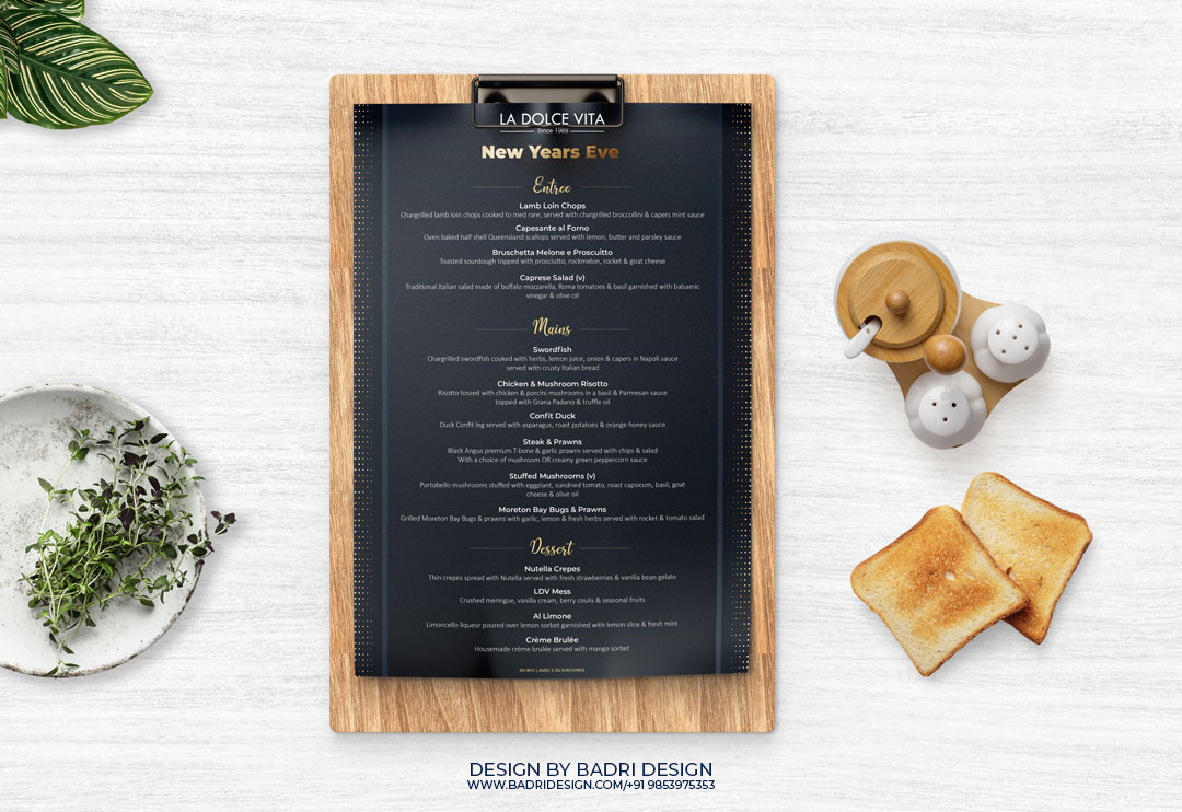BadriDesign's tweet photo. New year special menu design for La Dolce Vita.
.
Client Requirements: Creative with a new year theme-based menu for his restaurant.
.
Design For @ladolcevitamilton
.
Design Your Menu With @badridesign
.
#brandidentity #graphicdesigner #brandingdesign #badridesign #logomark https://t.co/9NaXTvWHuk