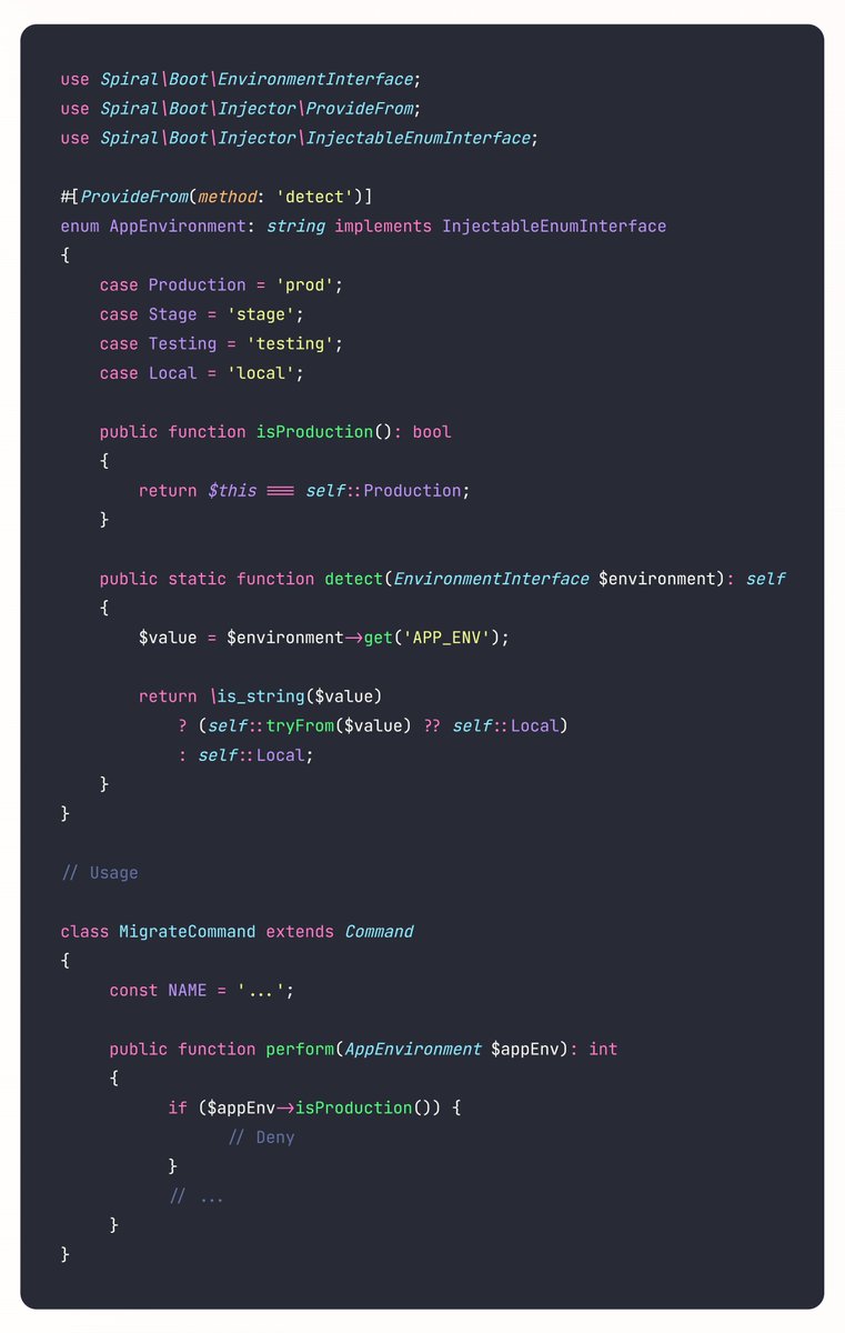 ButscH's tweet photo. Also new in Spiral Framework 3.0: Added an ability to inject enum classes in you application through container with automatically resolving of current value. Original PR https://t.co/iPKzl9TG3j #php #spiralframework https://t.co/zNUOmUuFyX