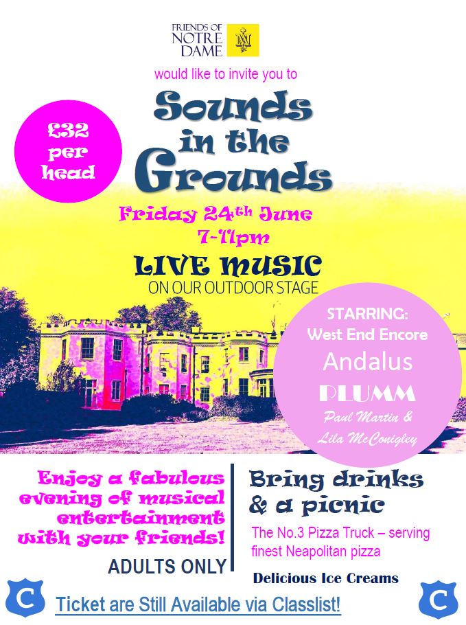 With this sunny weather continuing, do come &amp; join us in the beautiful school grounds while we listen to some amazing acts this Friday evening at Sounds in the Grounds. Tickets are still available to purchase on Classlist. We are really looking forward to a fabulous evening. 🎶