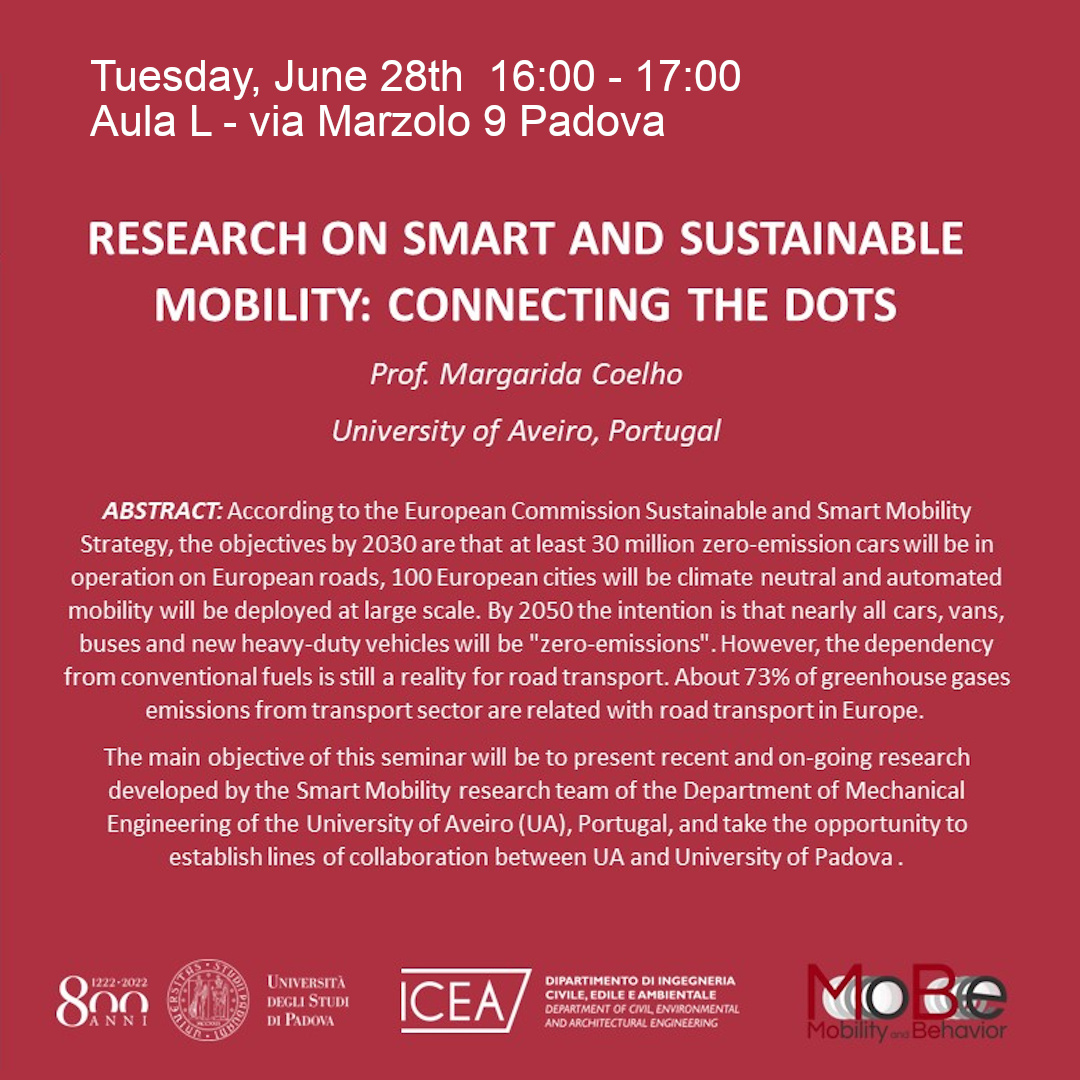 Professor Margarida Coelho from University of Aveiro is visiting ICEA department next week! Both lectures will be held in Aula L, via Marzolo 9. For the Zoom link, write a mail to mobe@dicea.unipd.it #unipd #icea #mobe# #transportation #roadsafety #smartmobility