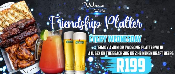 WaveCafeSA's tweet photo. FRIENDSHIP WEDNESDAY is Finally Here Again 😱

Join us EVERY WEDNESDAY For a Junior Twosome Platter with either a 1L Sex on the Beach Jug or 2 Heineken Draft Beers for ONLY R199 😍🍻

#wavesportscafe #Empangeni #kwazulunatal #heineken #food #sexonthebeach https://t.co/eMfAYpZWNj