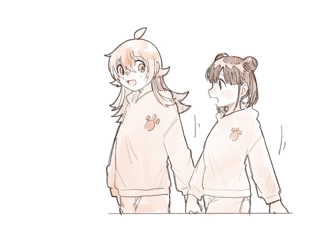 komiya kaho ,sonoda chiyoko multiple girls 2girls double bun hair bun ahoge holding hands hood  illustration images