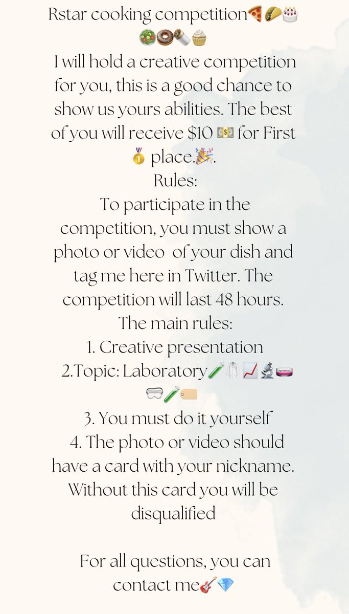 The main rules:
  1. Tag me <a href="/Wladysl46698781/">💎🎸RStar🎸💎💛 DROP</a> here in Twitter.
  2.Topic: Laboratory🧪🥼📈🔬🧫🥽🧪🏷 
  3. You must do it yourself
  4. The photo or video should have a card with your nickname.
#pssssdcookingcompetition <a href="/ggDaydreams/">gigi | daydreams😴.eth</a> <a href="/luuminize/">iluuminate</a> @OneEyeZuko <a href="/ThePossessedNFT/">pssssd</a>