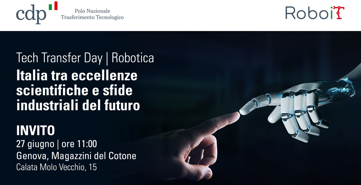 francesca_bria's tweet photo. L'importanza della robotica e del trasferimento tecnologico per la transizione digitale delle filiere strategiche nazionali: Lunedì 27 giugno a Genova il primo #TechTransferDay di @GruppoCDP e lancio del Polo Nazionale di Trasferimento Tecnologico #RoboIT https://t.co/fqmeDG9fgY https://t.co/0mXAgRseQ9