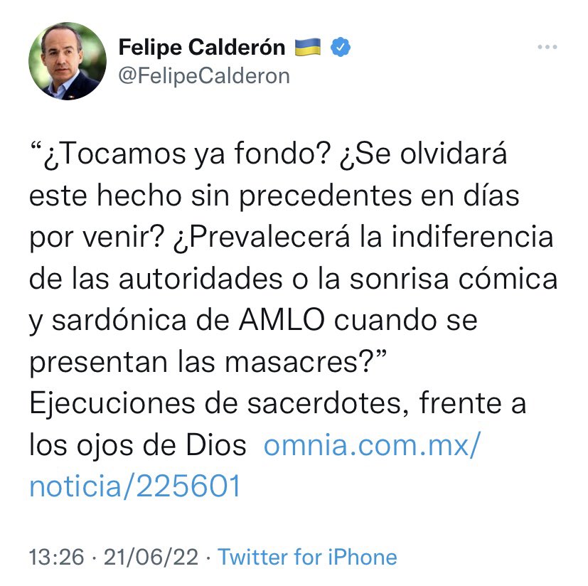 Sabes <a href="/FelipeCalderon/">Felipe Calderón 🇲🇽🇺🇦</a>? Cuando leo tu cinismo cristalino, se me renueva la fe perdida, que algún día, no sé cómo, ni de qué manera, pagues por tanto daño que le provocaste a millones de mexican@s.