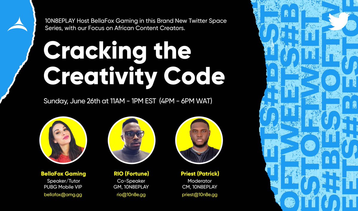 Hello!! African Creators, 

10N8EPLAY will be hosting <a href="/BellaFoxGaming/">Bella Fox 🤌🏽</a> this Sunday at 4pm - 6pm WAT (ie 11am - 1pm EST).

“Cracking the Creator Code” a brand new #TwitterSpace series which focuses on African content creators. 

Co-hosts: <a href="/RTENgg/">R10gg ☄️</a> <a href="/manlikepriest/">priestCASTS</a> 

Save the time 📝