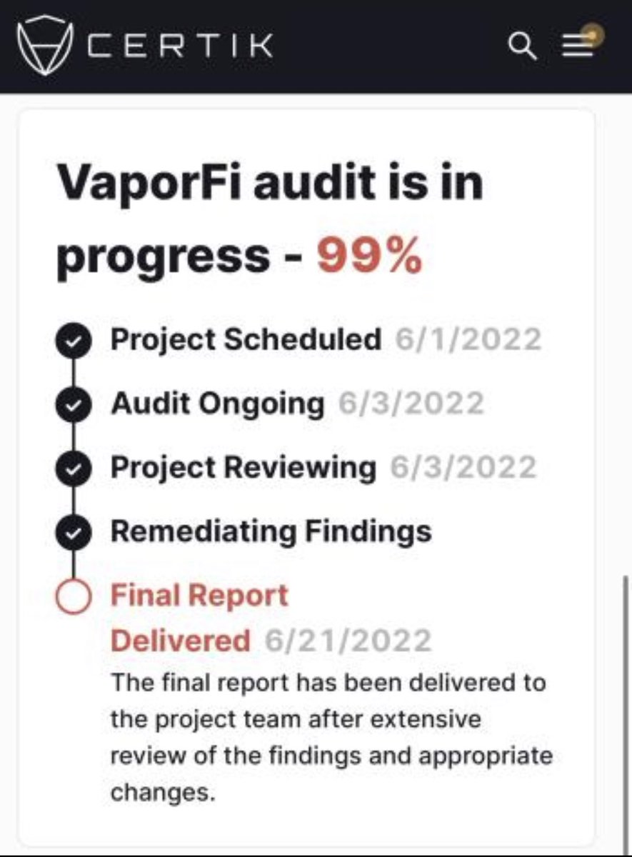 _VaporFi's tweet photo. Hey @CertiK, thanks for the update on phase #1 of our audit! ❤️🔥

We’re inching closer to @VaporDex launch by the day! https://t.co/Rl4iZp9puo