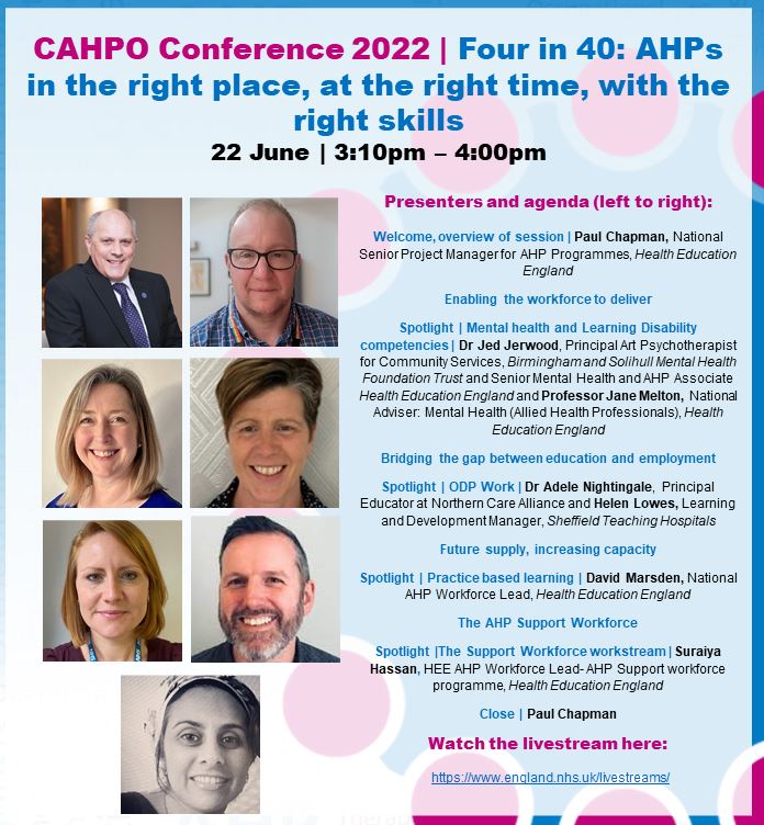 Dr Janice St. John-Matthews (DProf) (@jstjohnmatthews) on Twitter photo 🔜Four in 40 session
⏰15:10 today
🗣️@PaulChapman09 @JedJerwood
<a href="/ProfJaneMelton/">Jane Melton MBE FRCOT</a> <a href="/ODPLowes/">Helen Lowes</a> <a href="/Deli_1102/">Dr Adele Nightingale</a> <a href="/D_MARSDEN_OT/">#hellomynameis David💙</a> <a href="/SuraiyaHassan1/">Suraiya Hassan</a>
Pls do join us #CAHPO22 FREE livestream: england.nhs.uk/livestreams/
A whistle stop tour of workstreams supporting the new #AHPsDeliver strategy 🔜Four in 40 session
⏰15:10 today
🗣️@PaulChapman09 @JedJerwood
<a href="/ProfJaneMelton/">Jane Melton MBE FRCOT</a> <a href="/ODPLowes/">Helen Lowes</a> <a href="/Deli_1102/">Dr Adele Nightingale</a> <a href="/D_MARSDEN_OT/">#hellomynameis David💙</a> <a href="/SuraiyaHassan1/">Suraiya Hassan</a>
Pls do join us #CAHPO22 FREE livestream: england.nhs.uk/livestreams/
A whistle stop tour of workstreams supporting the new #AHPsDeliver strategy