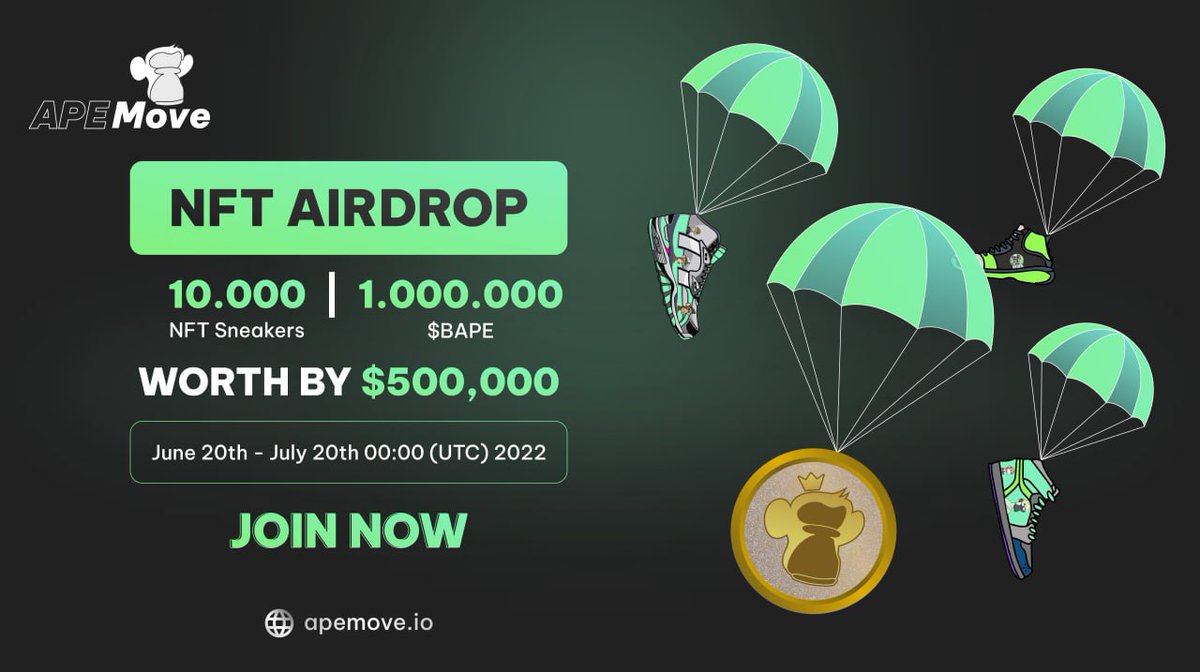 🪂 New Airdrop: APEmove
🚀 Value: $500,000 worth Prizes
💎 Reward: 1 APEmove Sneakers &amp; $100 BAPE tokens 
🏆 Winners: 10,000 Random
📢 Distribution: 30th July, 2022

🔗 Airdrop Bot: telegram.me/APEMoveAirdrop…

#Airdrop #AirdropAchiever #Crypto #NFTs #BTC #BNB
