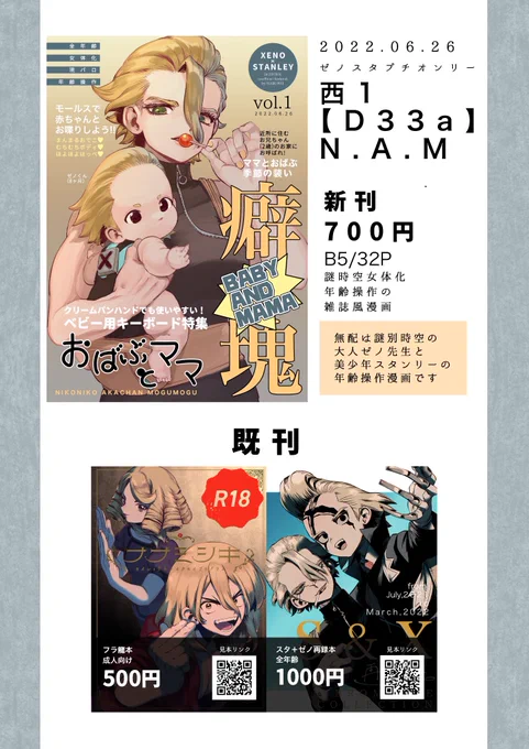 6/26のお品書きです!2枚目はポスターの厳かな母子です!
無配漫画はイベント終了後pixivとツイッターにアップします!
当日はどうぞよろしくお願いします!
#ゼノスタプチ
https://t.co/CcVe6jC82m 