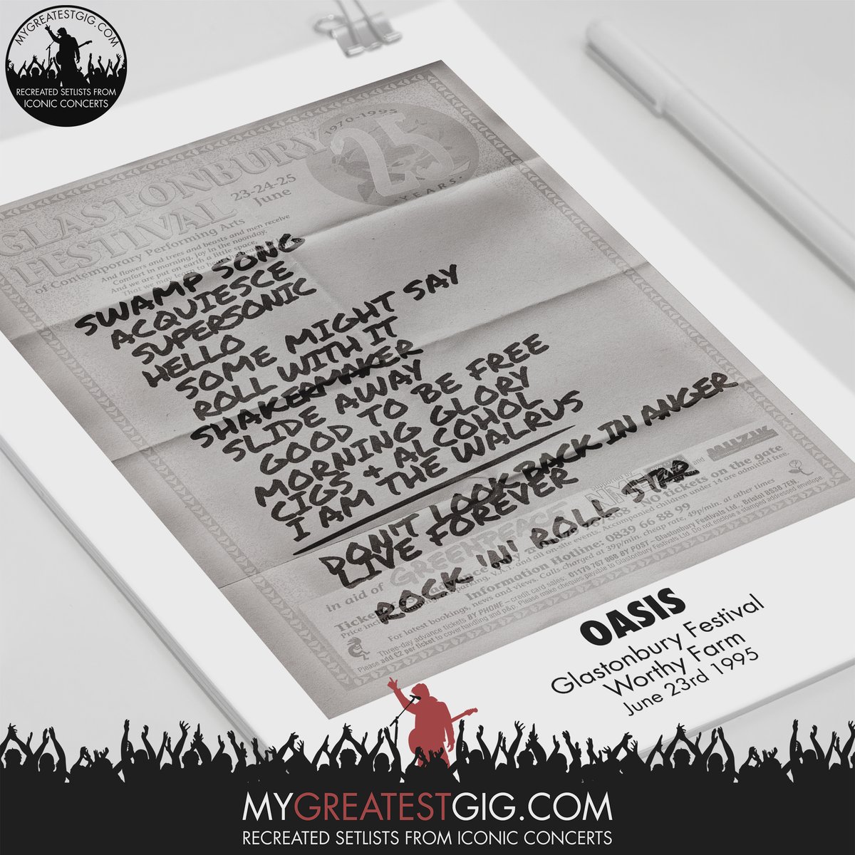 greatestgig's tweet photo. On This Day 27 Years ago (23rdJune 1995) Oasis played Glastonbury Festival
...and we’ve recreated the setlist
#MyGreatestGig #Setlist #RecreatedSetlist #SetlistArt #SetlistPoster #GreatestGig  #SongList #MusicArt #LiveMusic #glastonbury #glastonburyfestival #oasis #liamgallagher https://t.co/XH62adag7G
