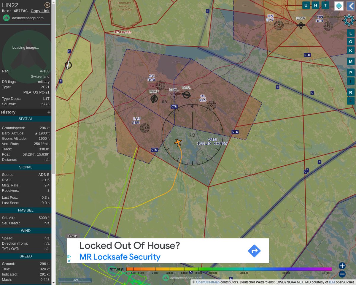 Radar_Assistant's tweet image. MULTI ADSBX MANOEUVRING ALERT : At time Wed Jun 22 12:39:17 2022 #LIN22    was likely to be manoeuvring at FL102 23nm from VSN Vassen_VOR-DME_SE
 near Smedstorp, Ydre kommun, Östergötlands län, Sverige #AvGeek #ADSB globe.adsbexchange.com/?icao=4B7FAC&amp;amp;z…