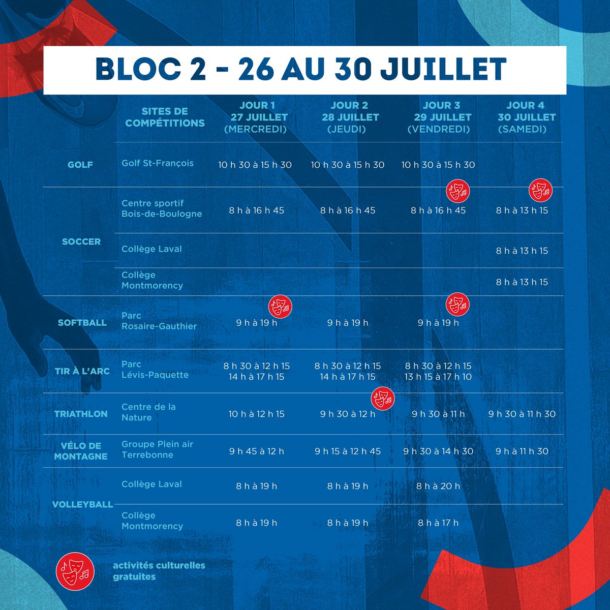 [À UN MOIS DE LA FINALE!] 

La 55e Finale vous remémore son horaire des compétitions pour cet été! Cap sur Laval du 22 au 30 juillet 2022.

Saviez-vous que les sites présenteront des activités culturelles gratuites pendant l’événement? 

Pour les détails : bit.ly/3zZ3awy