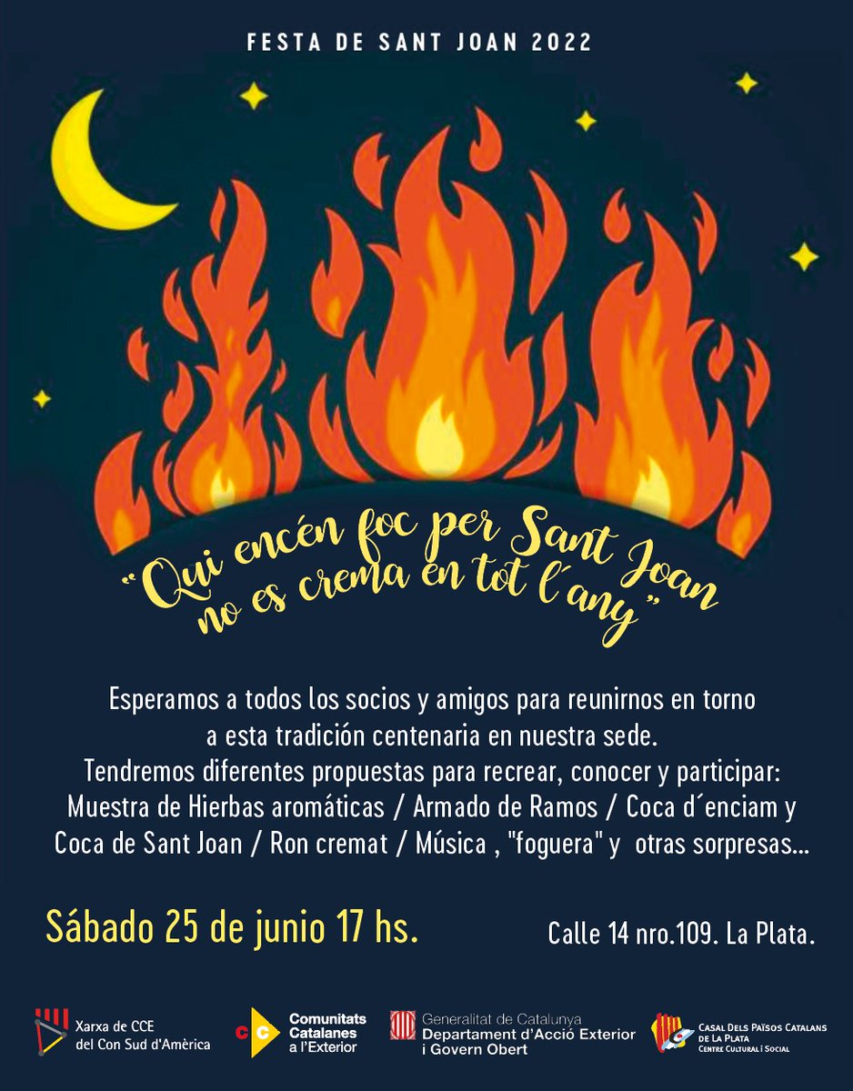 Seràs a l'Argentina 🇦🇷 aquest #SantJoan? Vine a les revetlles de la comunitat catalana i celebra amb nosaltres la diada dels #PaïsosCatalans 🍾🔥

🔹Paraná <a href="/peranarendavant/">peranarendavant🎗</a> 24/06 16.30 h
🔹La Plata <a href="/cclaplata/">Casal Català LP/Arg</a> 25/06 17 h
🔹Buenos Aires <a href="/Casalbaires/">Casal de Catalunya de Buenos Aires</a> 25/06 19 h

#SomCatalunya