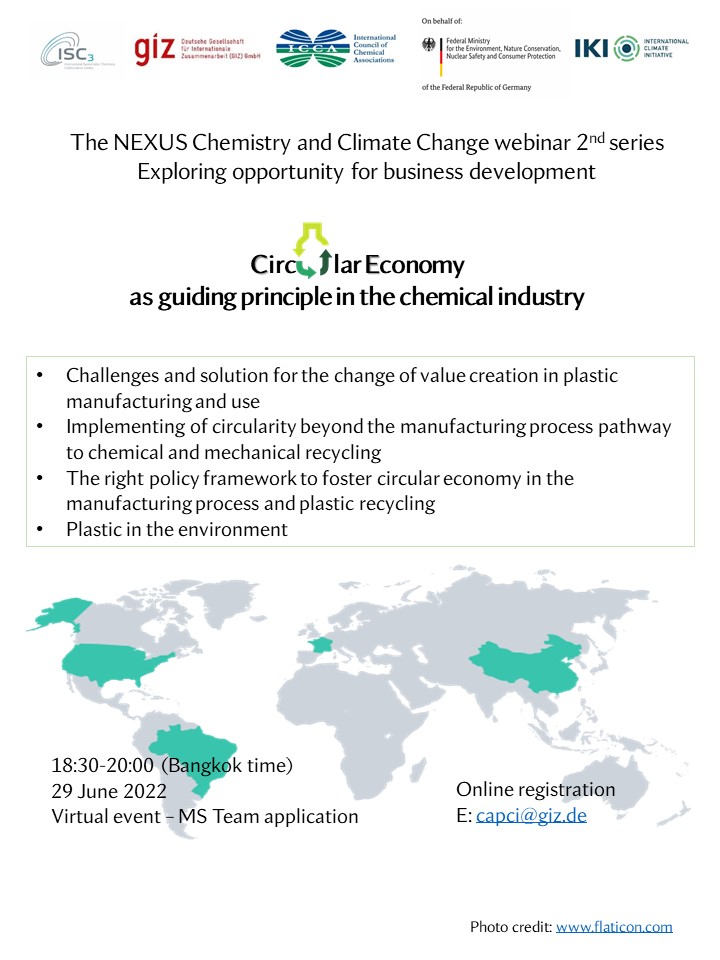 GIZ_Thailand's tweet photo. Let's join the webinar to learn about #CircularEconomy in the #chemical industry!
Supported by the Climate Action Programme for the Chemical Industry (#CAPCI), the International Council of Chemical Associations (#ICCA), and #PCCBNetwork.
Register👉capci@giz.de
@BMUV @iki_germany https://t.co/ngMn75hHre