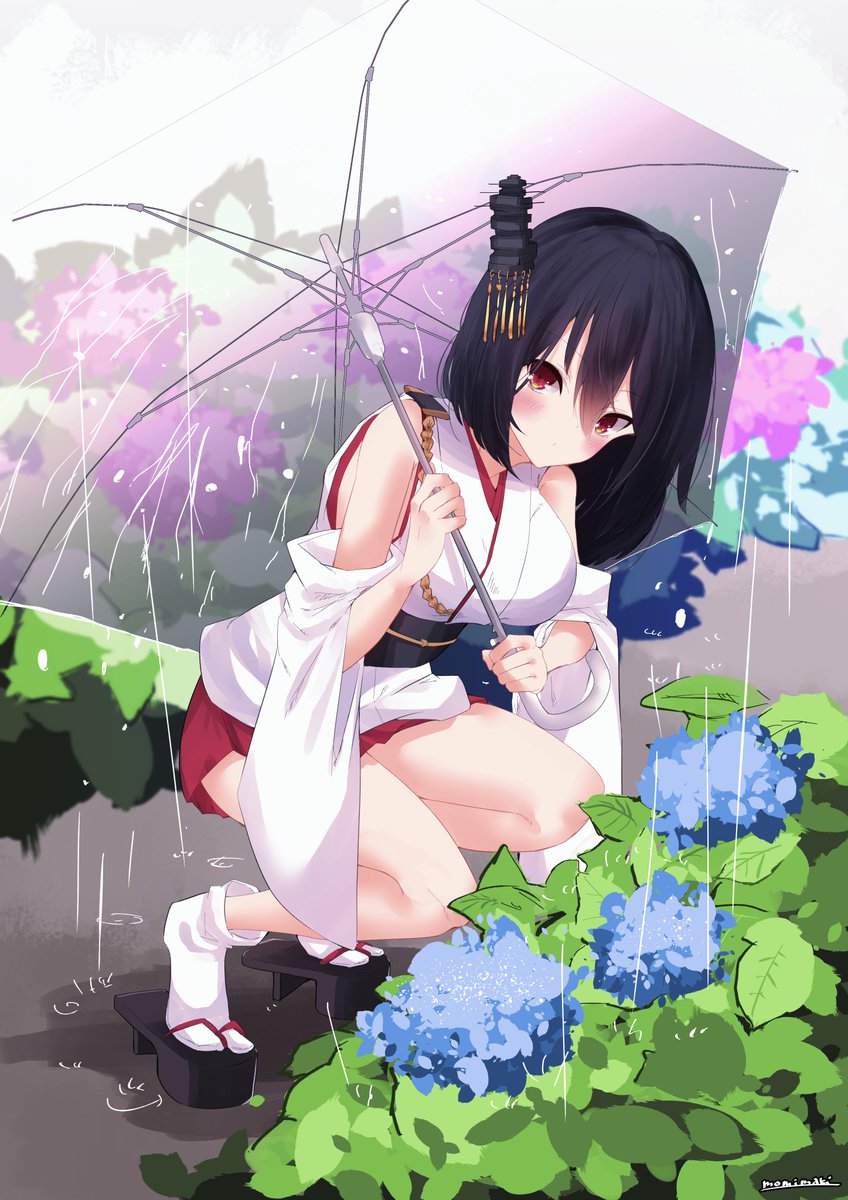 yamashiro (kancolle) 1girl hydrangea solo black hair umbrella red eyes hair ornament  illustration images