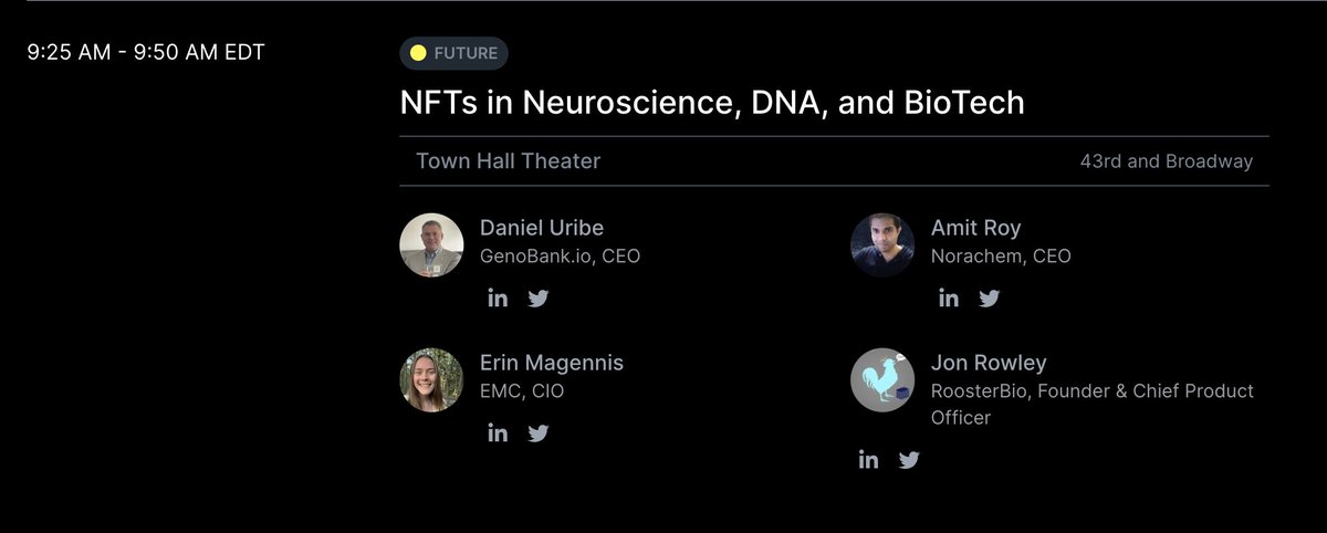 Excited to be talking about the intersection of Biotech and NFTs with my colleagues <a href="/Shredderroy/">Amit Roy</a> <a href="/erinmagennis/">Ξrin Magennis🌻</a> and Daniel Uribe of <a href="/genobank_io/">GenoBank.io (꧁BioIP꧂)</a> ! NFT.NYC Thursday Morning at 9:25AM TownHall Theatre

<a href="/RoosterBio/">RoosterBio</a> #ClubRegenMed #Blockchain #Biotech