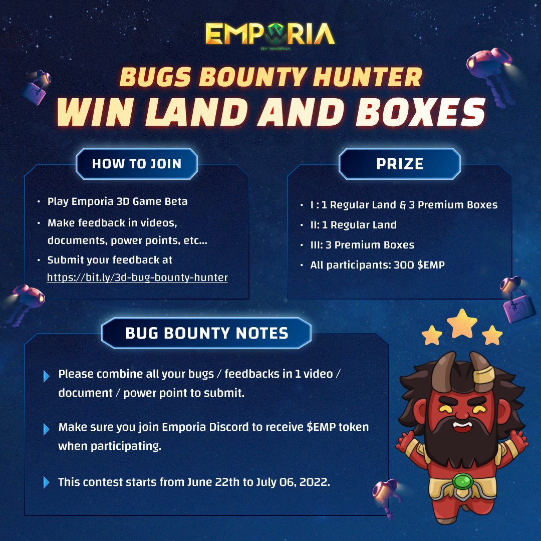 PLAY GAMES - FIND BUGS - WIN A LAND NFT IN EMPORIA 😎

Face some bugs that you found in #Emporia3DBeta Release? No probs!

👉 You can report the bugs you found in the 3D Game Beta through: bit.ly/3d-bug-bounty-…

We are curious about what you got, so let’s share 🎮

#Metaverse