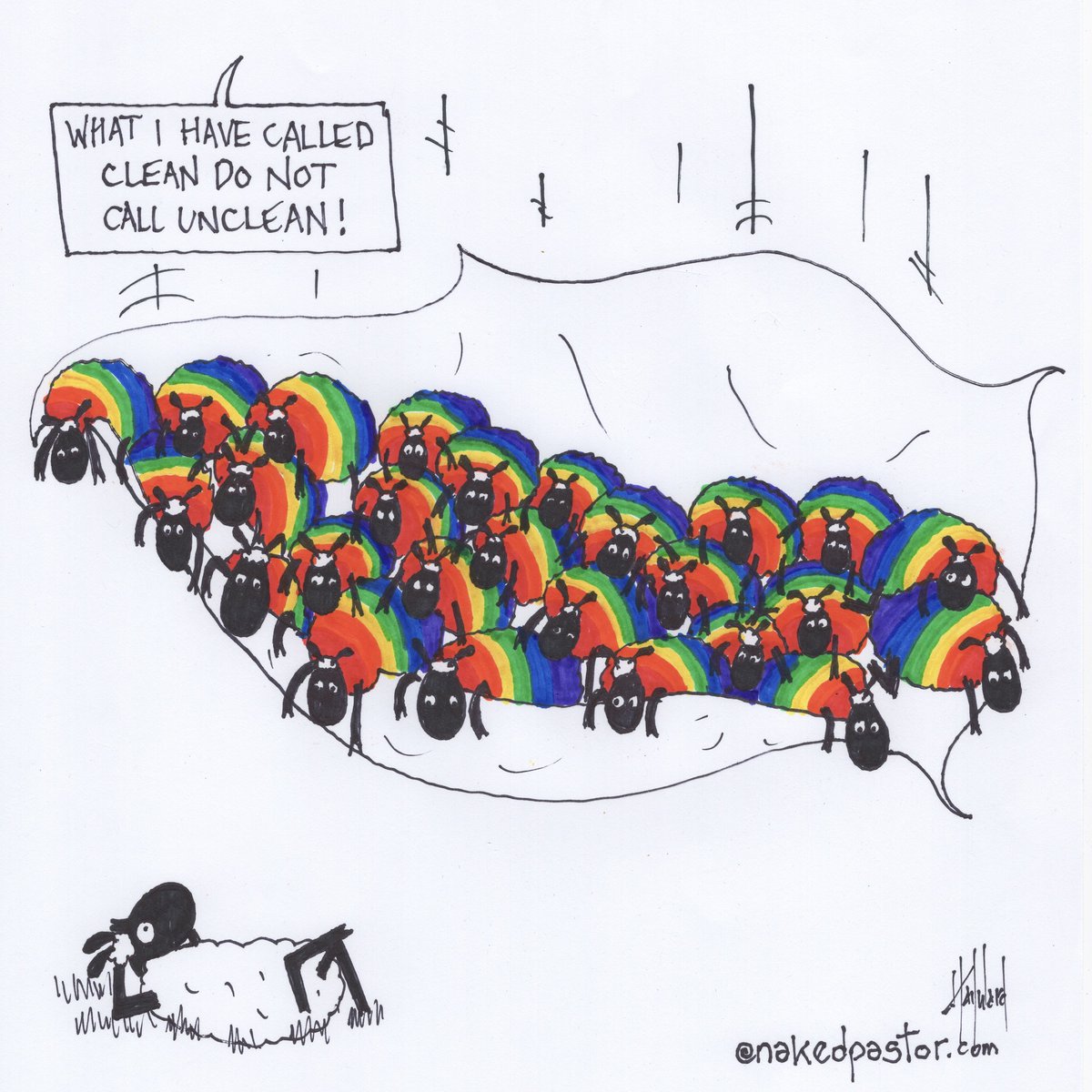 This is from Acts when God lowered a sheet of what to Peter were unclean animals. God told Peter to not call unclean what God has called clean.

Meaning people.

It was a challenge to be all-inclusive.

Everyone belongs!

The original drawing is available. #loveislove #pridemonth