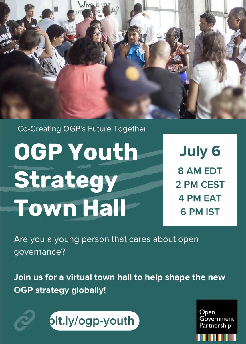 blairglencorse's tweet photo. Calling all #youth interested in #opengov and @opengovpart! Join us on July 6th for a conversation about the future of the partnership and how we can make sure that the voices of young people are a central part of it! Register here: https://t.co/AHNBBHVGBz #ogpyouth #nextgen https://t.co/rFjITpv5dC