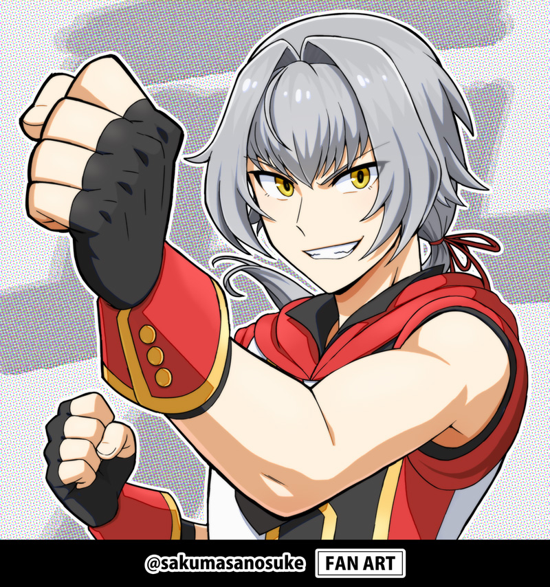 male focus gloves 1boy fingerless gloves grey hair yellow eyes solo  illustration images
