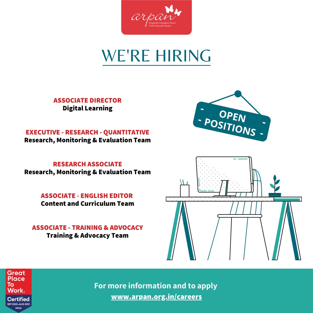 Inviting all job seekers! These positions are still open! Come find your place with us - apply at arpan.org.in/careers/ 
#Hiring #HiringAlert