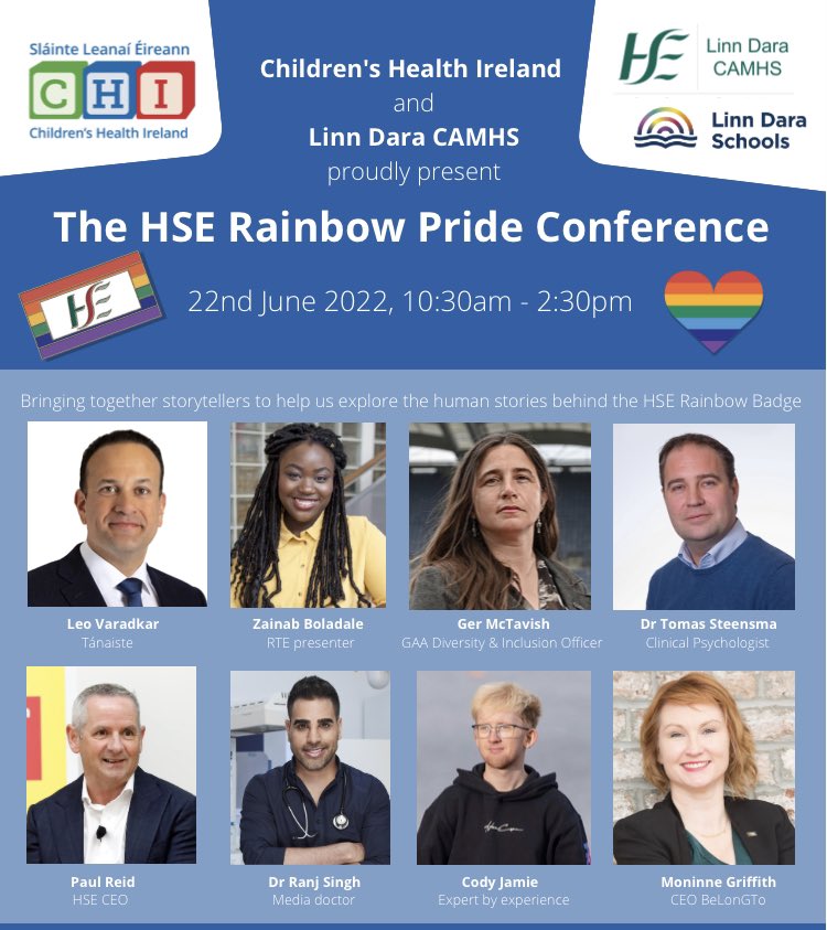 A massive thanks to all our speakers for sharing their experiences, knowledge and support today #HSEPride22 @LeoVaradkar @DrRanj @VanessaLacey64 @paulreiddublin @Moninne @ZainabBoladale Dr Steensma Dr Ronx @Itz_codyjamie #HSEPride22