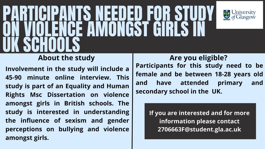 This study is looking for participants on violence amongst girls in schools. Contact the email to get involved.
