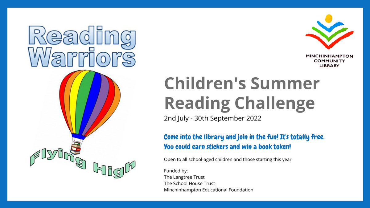 minchinlib's tweet photo. Great news! Minchinhampton Library's very own Summer Reading Challenge starts on 2nd July. You could earn stickers and win a book token! Come into the library to find out more. 😃📚 https://t.co/TI0MwfnqTk