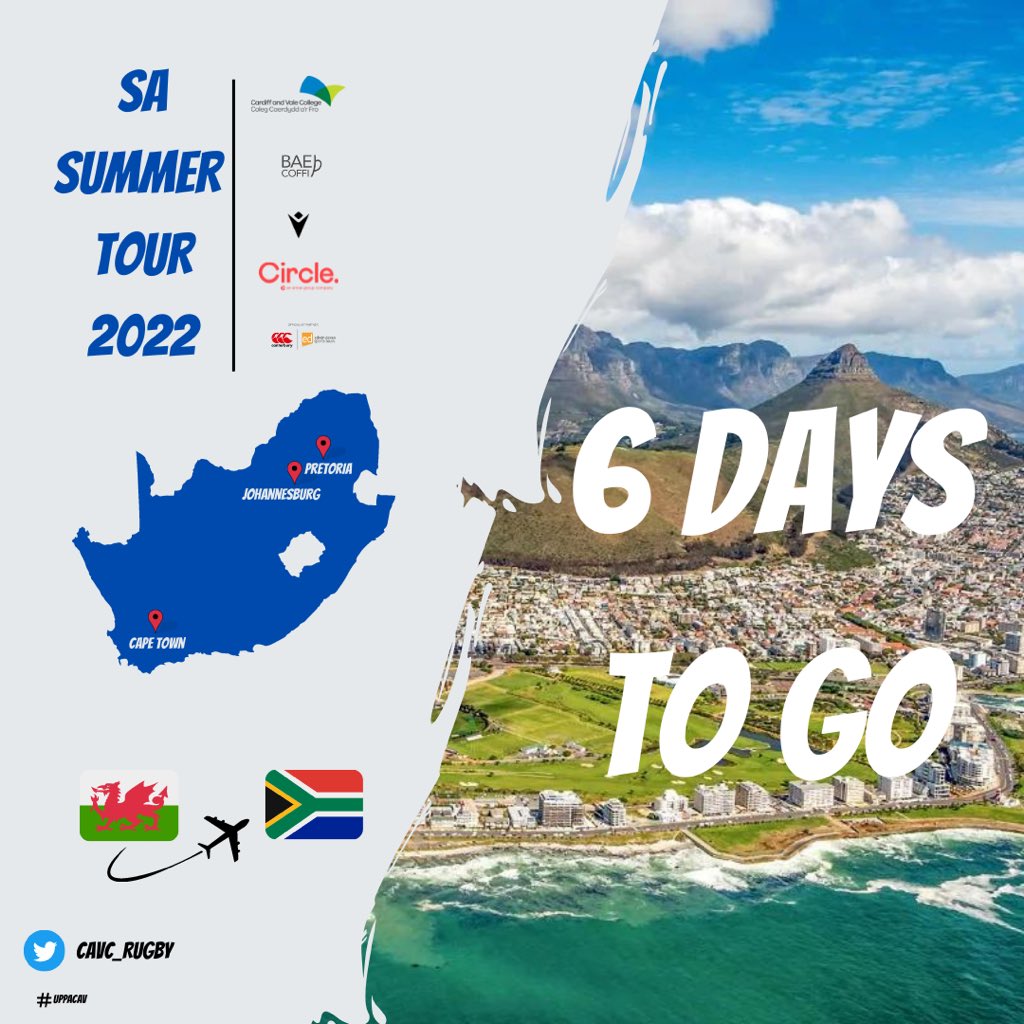 6️⃣ DAYS TO GO! 
🛫🇿🇦🏉🐘🐆🦒🦈🐳 

#CavcRugbyOnTour