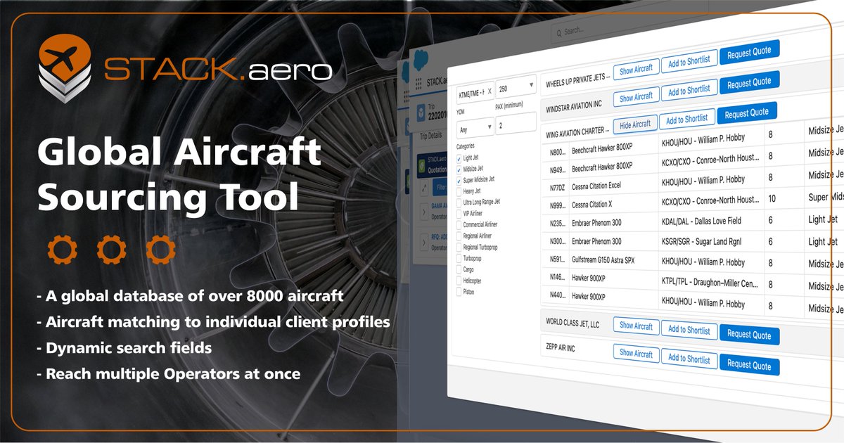 STACKaero's tweet photo. Sourcing is significantly faster and more comprehensive, with over 8000 aircraft at your fingertips.

Our tool will list all operators that fulfil your requirements and highlight which aircraft are most suitable for your clients' needs. 

Find out more at https://t.co/ait5Ci6wTa https://t.co/ffbBdMm4pI